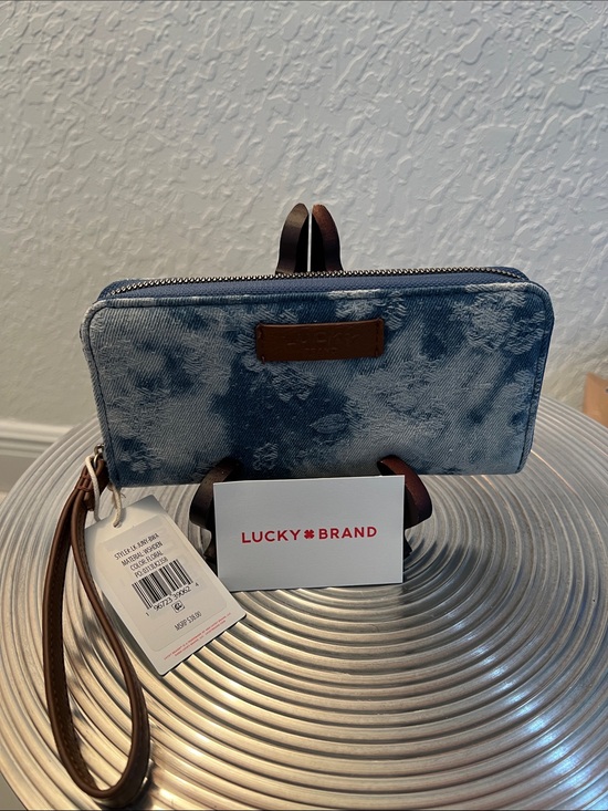 Lucky Brand Handbags - Lucky Brand Blue Denim Floral Wristlet with Brown Strap
